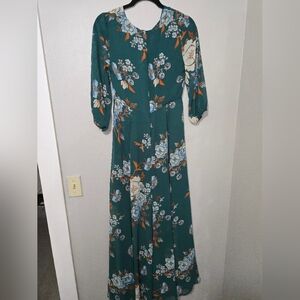 New York & Company Dark Teal Floral Long Sleeve Dress Front Slit.